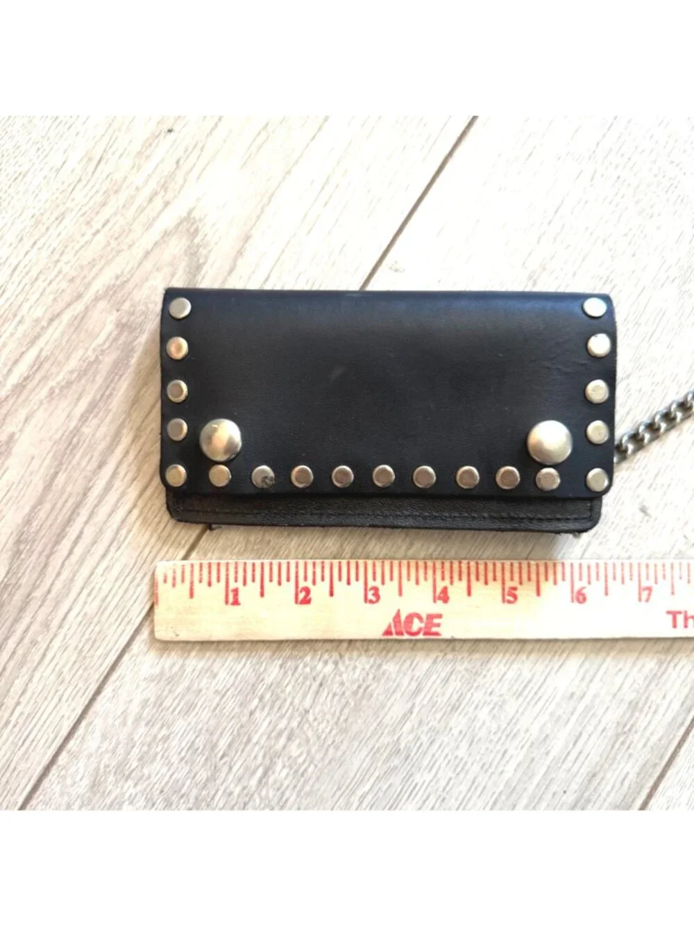 Men's Leather Wallet Black Rivet Studded Chain Tri-fold Motorcycle Biker Edgy